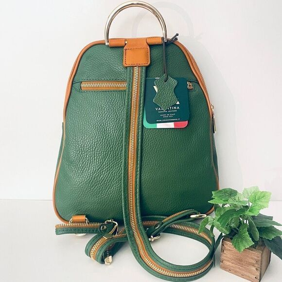 NWT Valentina Green Tan Italian Genuine Leather Convertible Sling Backpack Bag